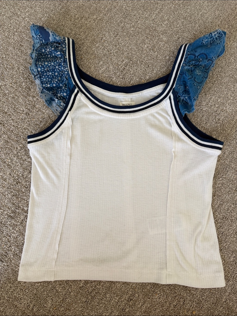 Pilcro White Ribbed Tank with Navy Trim and Blue Lace Flutter Sleeves